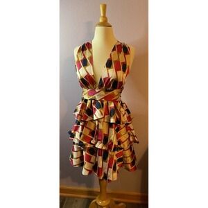 Edit By Nine Satin Geometric Tan Maroon Navy Blue Tiered Ruffle‎ Dress Small New